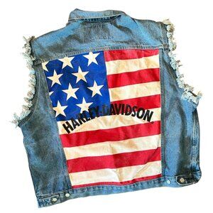 Vintage Harley Davidson USA Flag Cutouff Denim Vest USA XXXL